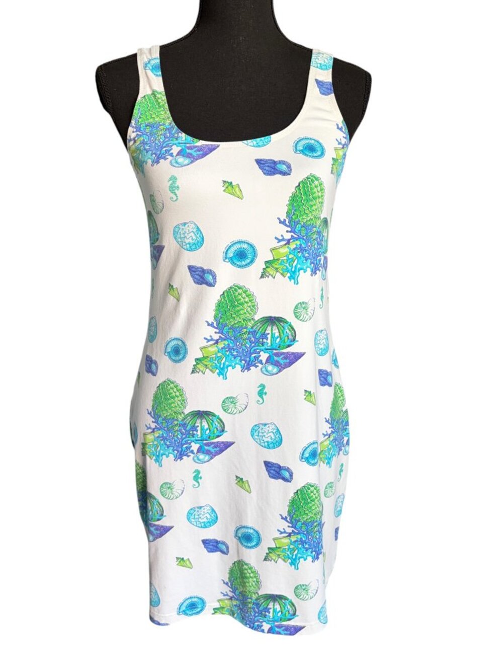 Manuel Canovas Sleeveless Tank Dress (White w/ Blue/Green Seashell Print) - 8/10